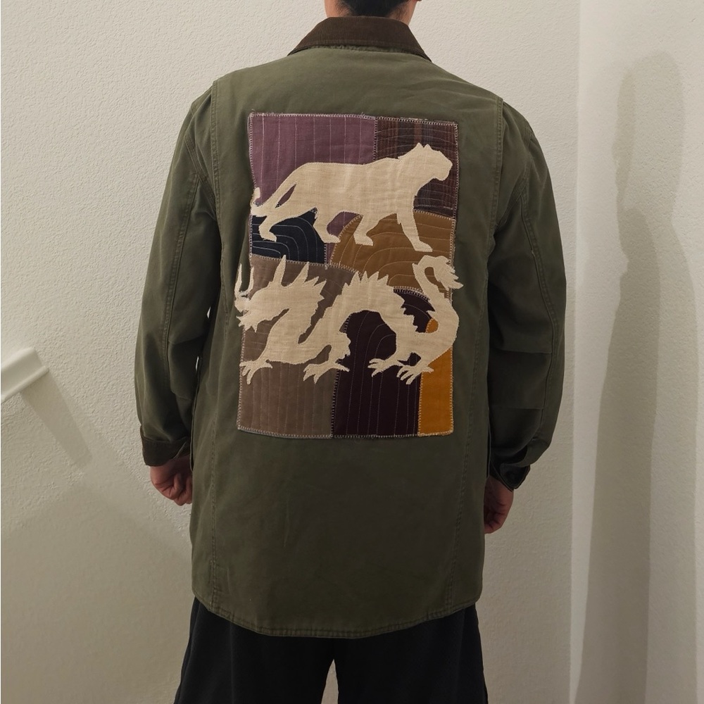 Vintage handmade Olive Green Military chore Jacket coat tiger dragon asian patch